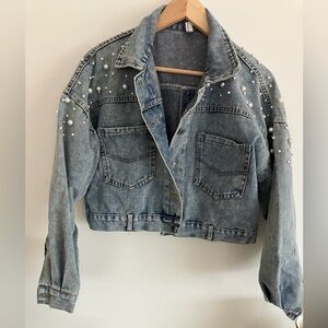SOLD | Pearl Embellished Cropped Denim Jacket | Light Wash Jean Jacket | Size XL